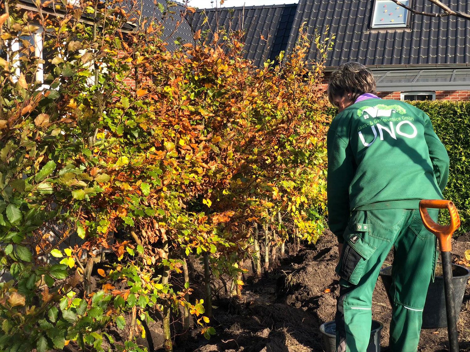 Eine Mitarbeiterin pflegt einen Garten